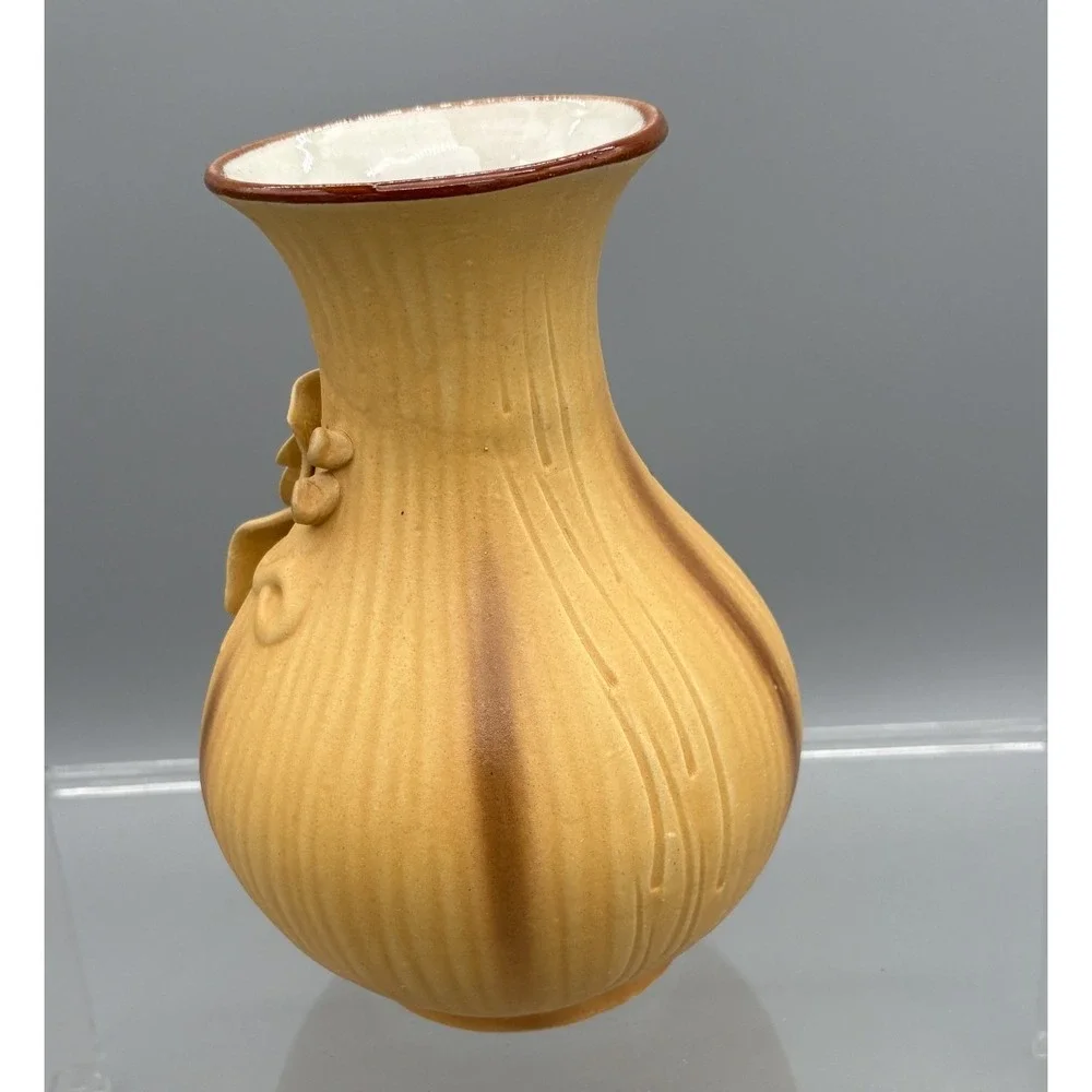 Vintage Mustard Yellow Flower Vase Floral Design Handmade Ceramic Pottery  7